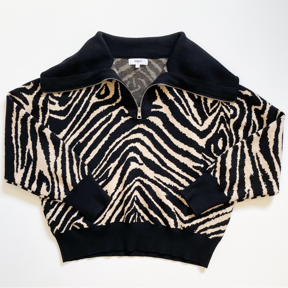 SUNCOO Black & Cream Quarter Zip Funnel Neck Zebra Pattern Sweater Wool Blend